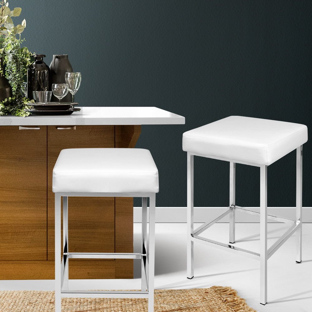 Milan Leather Padded Square Bar Stools 69cm Chrome White (Set of 2) - Barstool Express