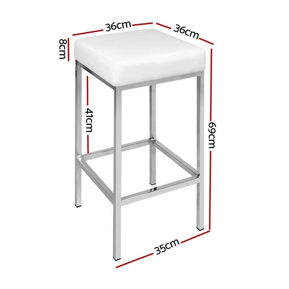 Milan Leather Padded Square Bar Stools 69cm Chrome White (Set of 4) - Barstool Express