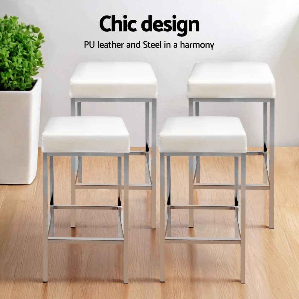 Milan Leather Padded Square Bar Stools 69cm Chrome White (Set of 4) - Barstool Express