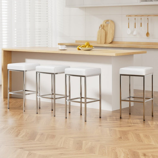 Milan Leather Padded Square Bar Stools 69cm Chrome White (Set of 4) - Barstool Express