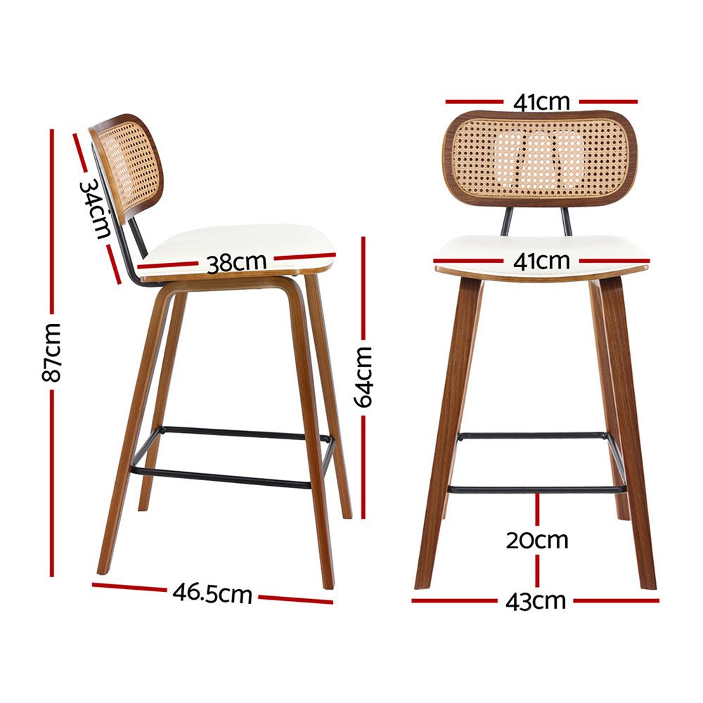 Nina Leather Padded Rattan Bar Stools 64cm Walnut & Beige (Set of 4) - Barstool Express