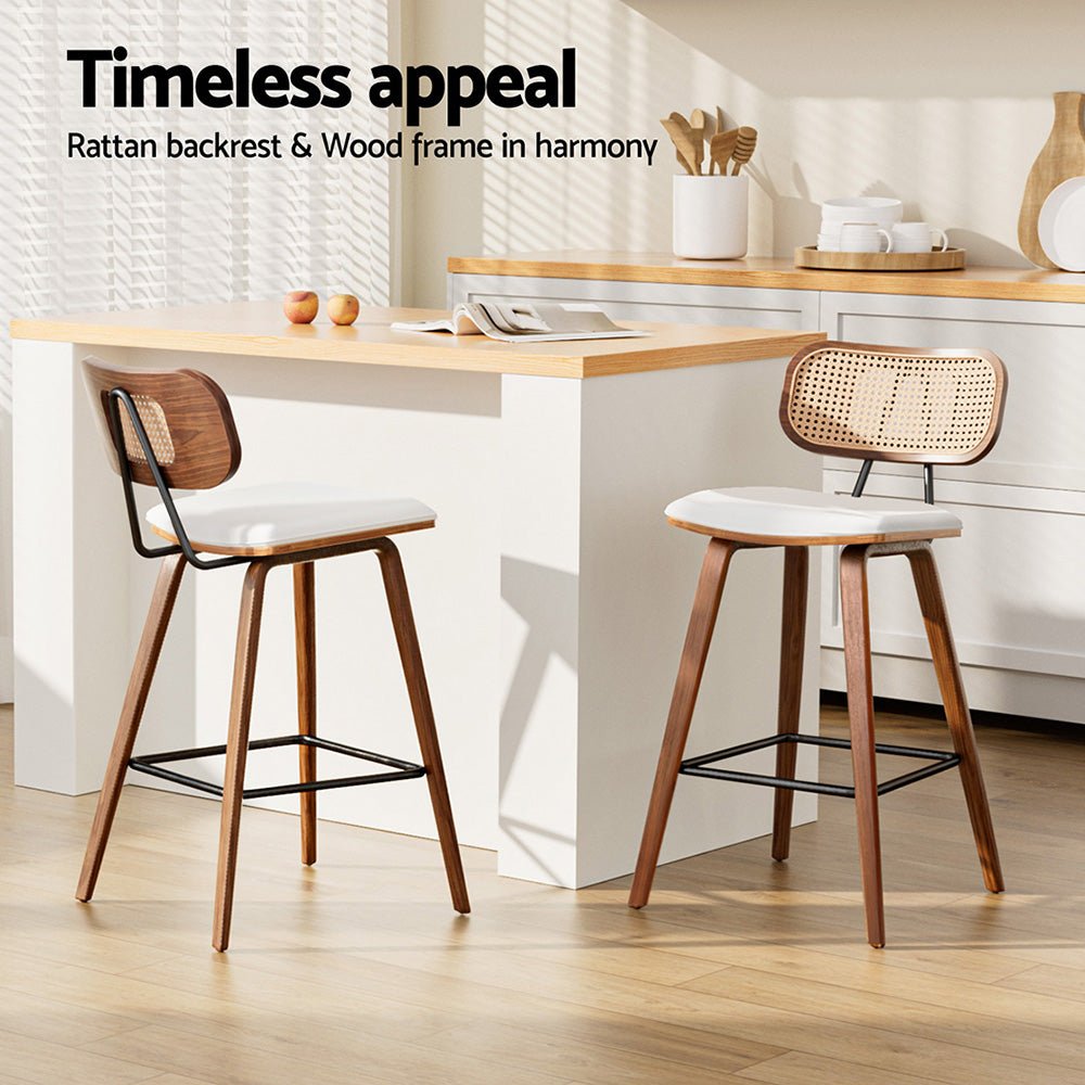 Nina Leather Padded Rattan Bar Stools 64cm Walnut & Beige (Set of 4) - Barstool Express