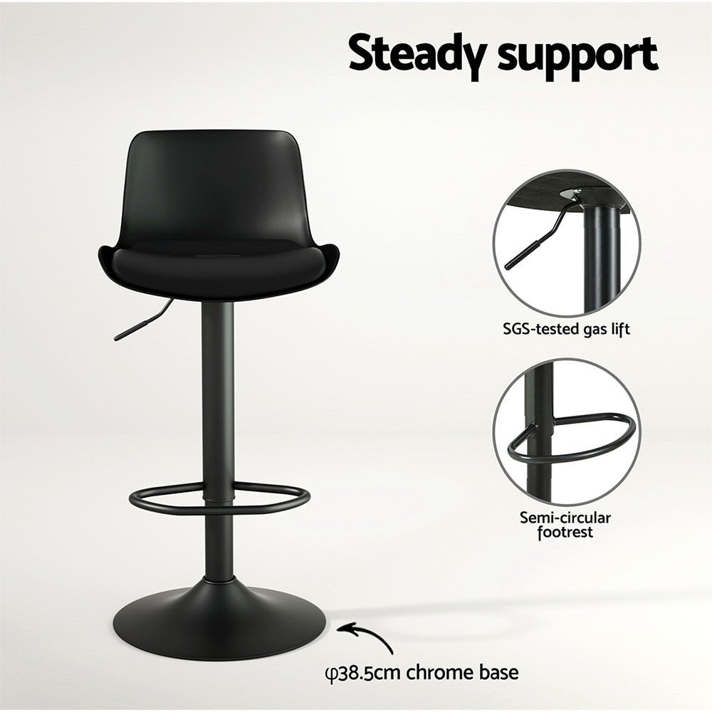 Black bar stool with SGS-tested gas lift, semi-circular footrest, and chrome base on a white background.