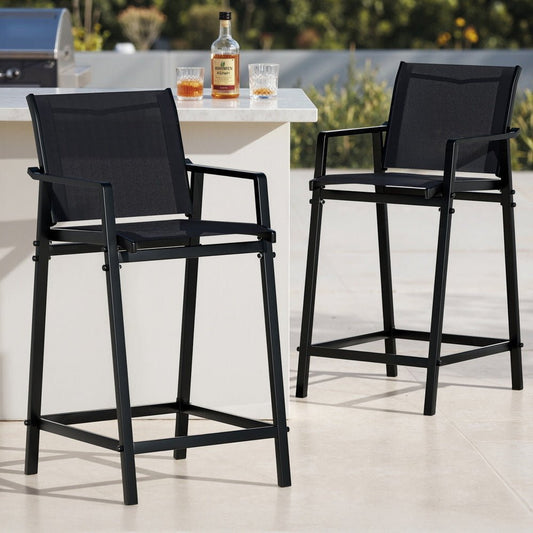 Outdoor Bar Stools Steel Dining Chairs Patio Furniture Garden Black (Set of 2) - Barstool Express