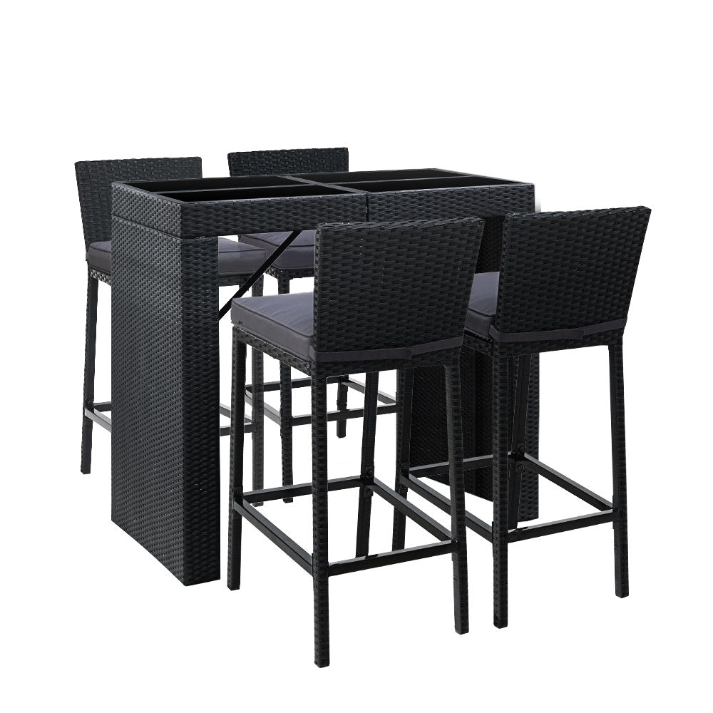Outdoor Wicker Dining Bistro Bar Set – Black with Grey Cushions (5 Piece) - Barstool Express