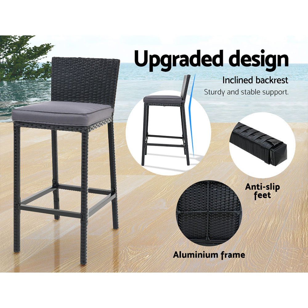 Outdoor Wicker Dining Bistro Bar Set – Black with Grey Cushions (5 Piece) - Barstool Express