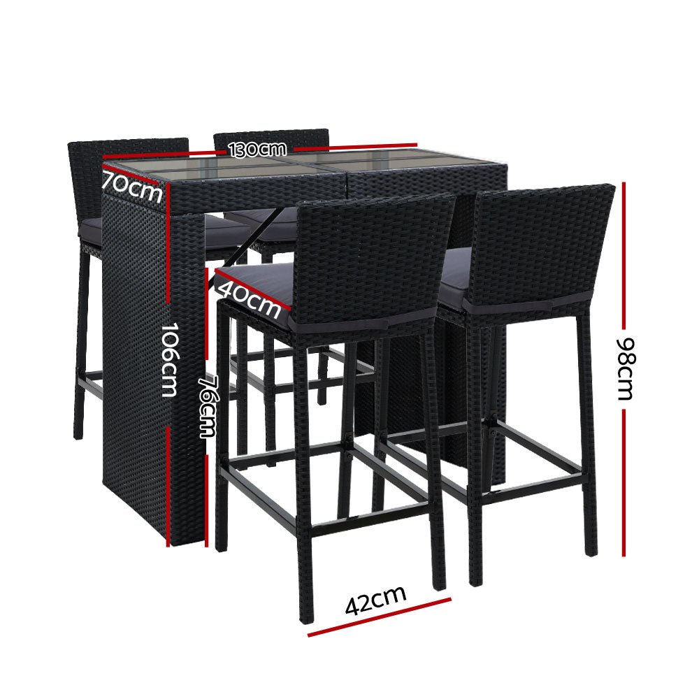 Outdoor Wicker Dining Bistro Bar Set – Black with Grey Cushions (5 Piece) - Barstool Express