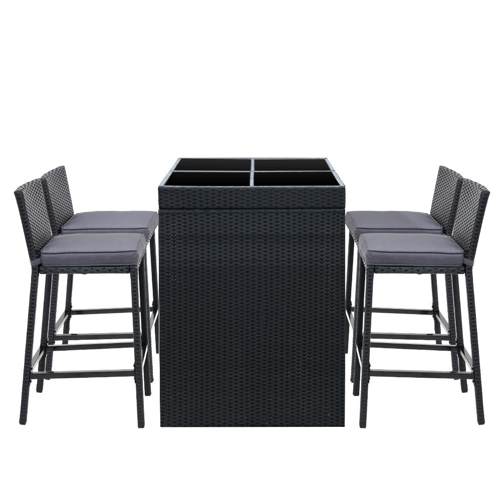 Outdoor Wicker Dining Bistro Bar Set – Black with Grey Cushions (5 Piece) - Barstool Express