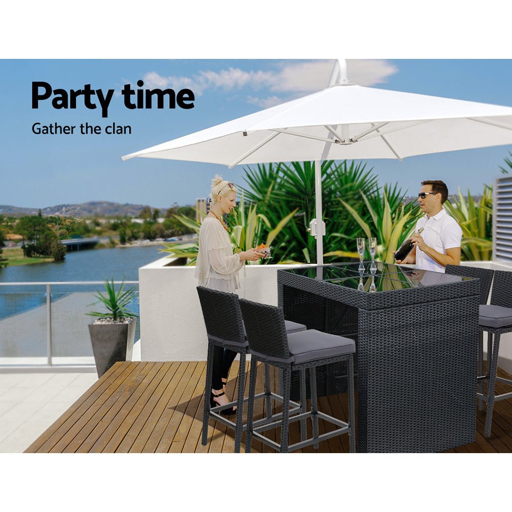 Outdoor Wicker Dining Bistro Bar Set – Black with Grey Cushions (5 Piece) - Barstool Express