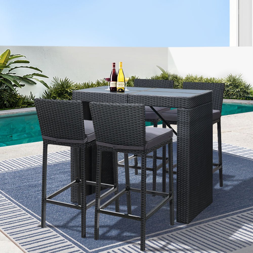 Outdoor Wicker Dining Bistro Bar Set – Black with Grey Cushions (5 Piece) - Barstool Express