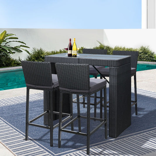 Outdoor Wicker Dining Bistro Bar Set – Black with Grey Cushions (5 Piece) - Barstool Express