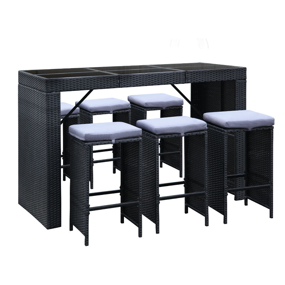 Outdoor Wicker Dining Bistro Bar Set – Black with Grey Cushions (7 Piece) - Barstool Express