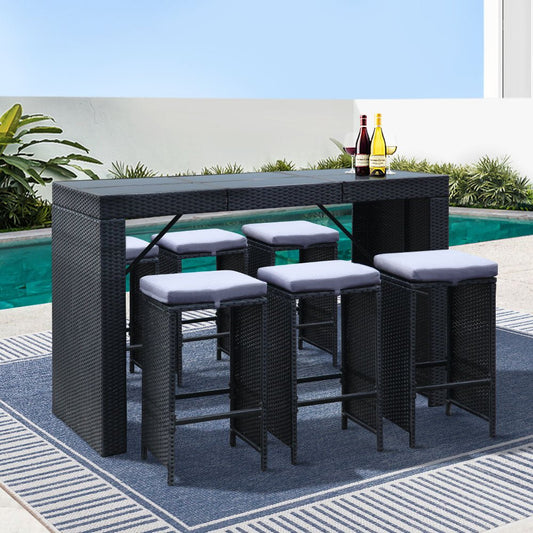 Outdoor Wicker Dining Bistro Bar Set – Black with Grey Cushions (7 Piece) - Barstool Express