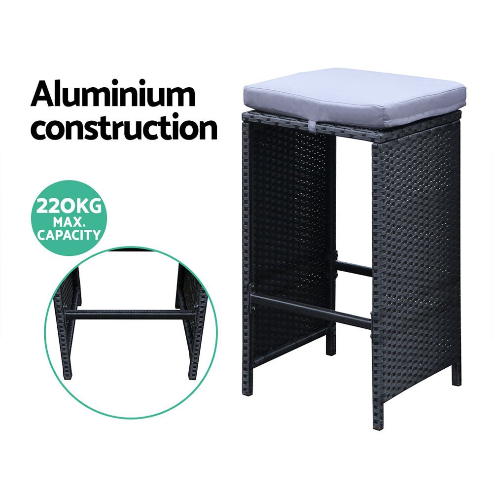 Outdoor Wicker Dining Bistro Bar Set – Black with Grey Cushions (7 Piece) - Barstool Express