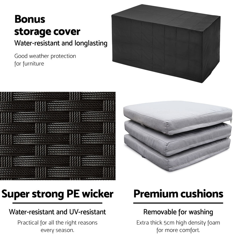 Outdoor Wicker Dining Bistro Bar Set – Black with Grey Cushions (7 Piece) - Barstool Express