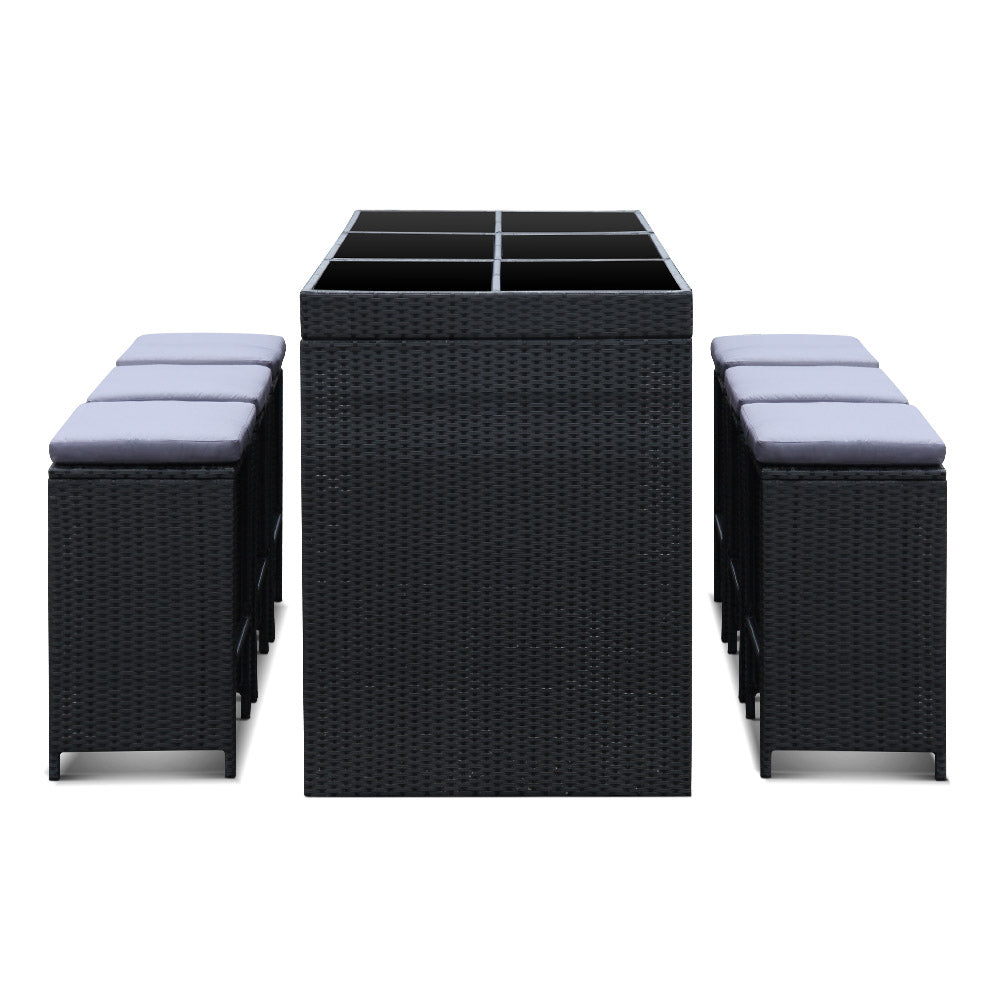 Outdoor Wicker Dining Bistro Bar Set – Black with Grey Cushions (7 Piece) - Barstool Express