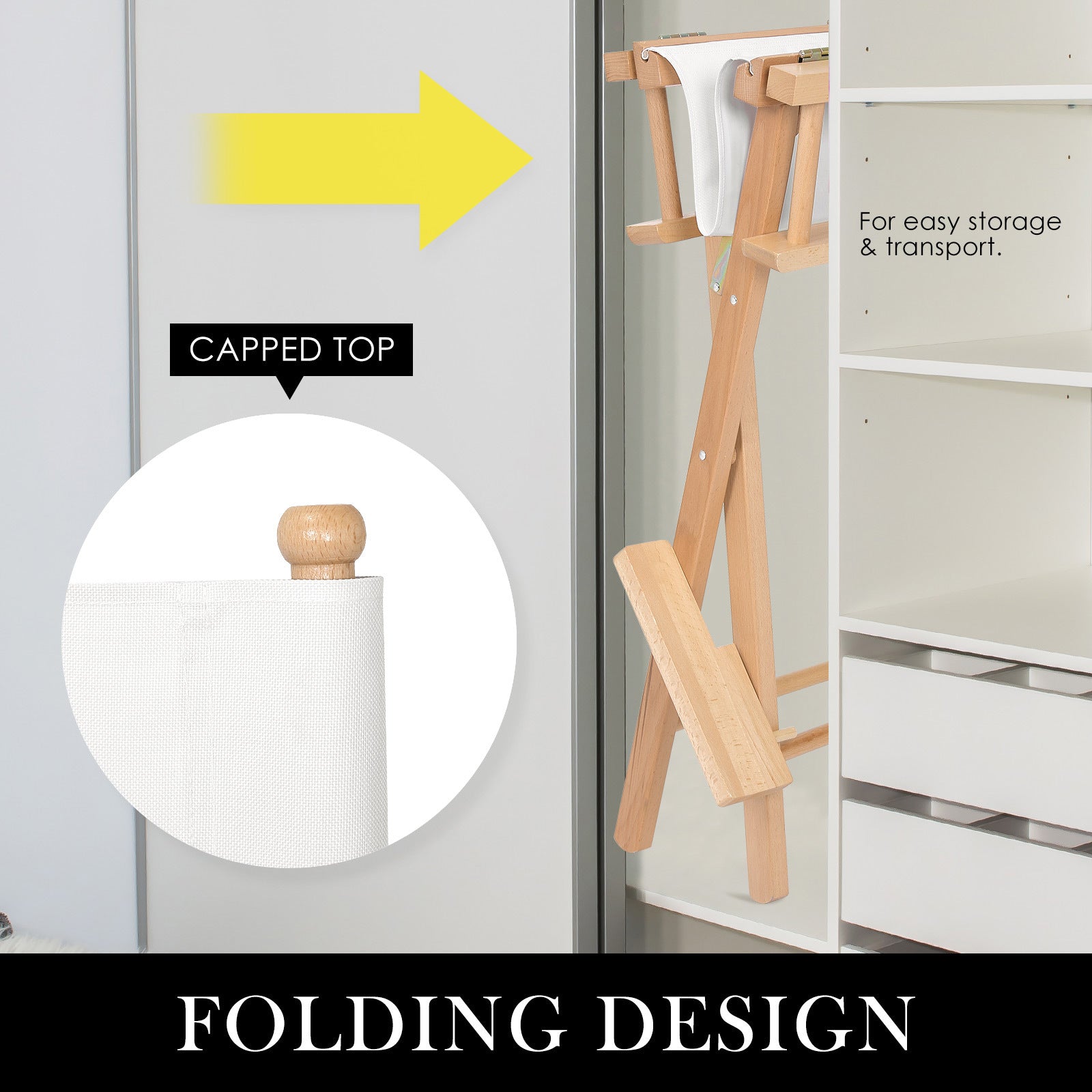Folding beechwood Oxford director chair with capped top detail, shown stored beside a wardrobe for easy storage and transport. Labeled “Folding Design”