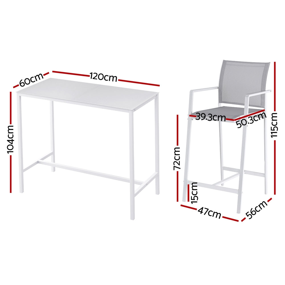 Measurement chart of a table and bar stool set with dimensions labeled.