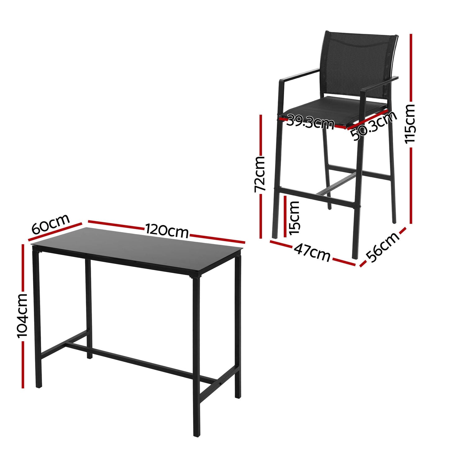 Black bar table and chair with dimensions on a white background