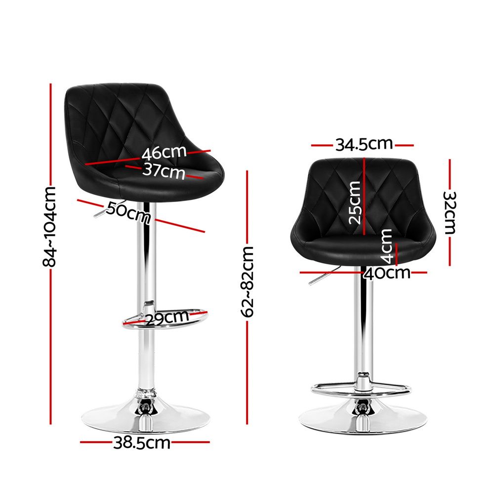 Black bar stools with measurements on a white background