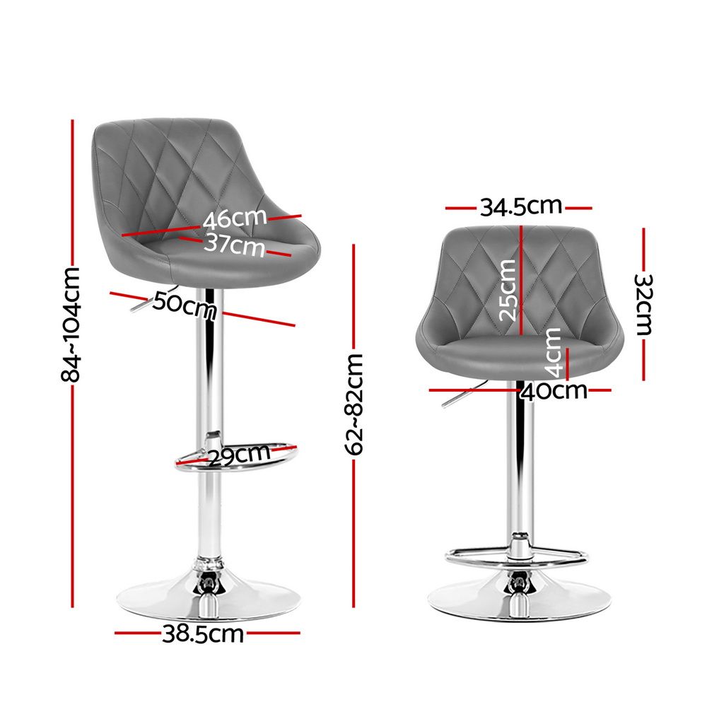 Grey bar stools with dimensions marked on a white background