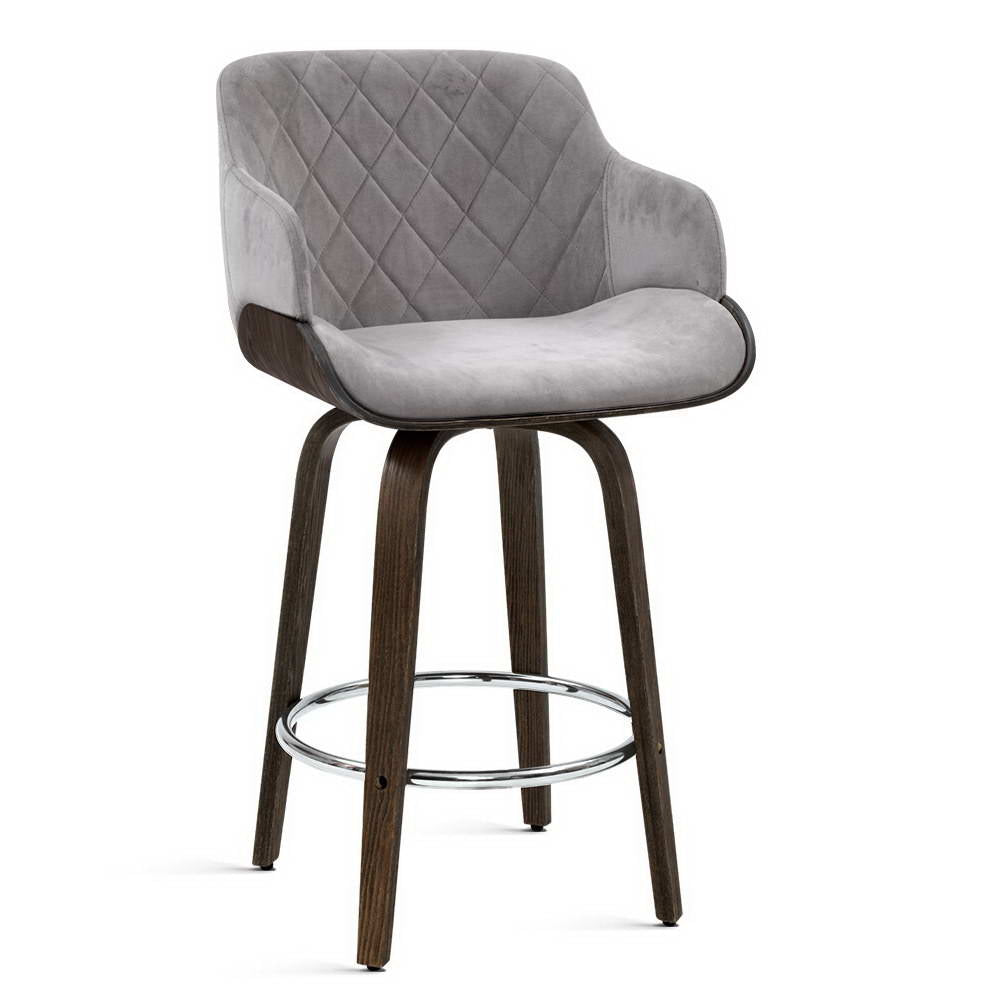 Remi Timber Frame Velvet Padded Swivel Bar Stool 70cm Grey - Barstool Express
