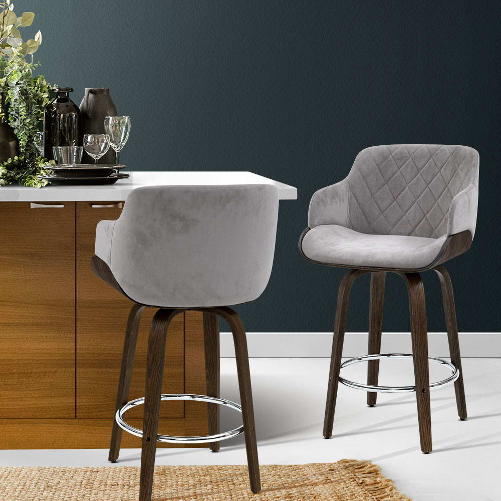 Remi Timber Frame Velvet Padded Swivel Bar Stool 70cm Grey - Barstool Express