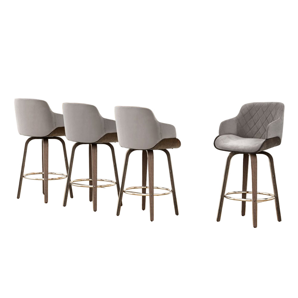 Remi Timber Frame Velvet Padded Swivel Bar Stools 70cm Grey (Set of 4) - Barstool Express