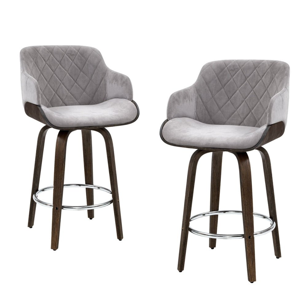 Remi Timber Frame Velvet Padded Swivel Bar Stools 70cm Grey (Set of 4) - Barstool Express