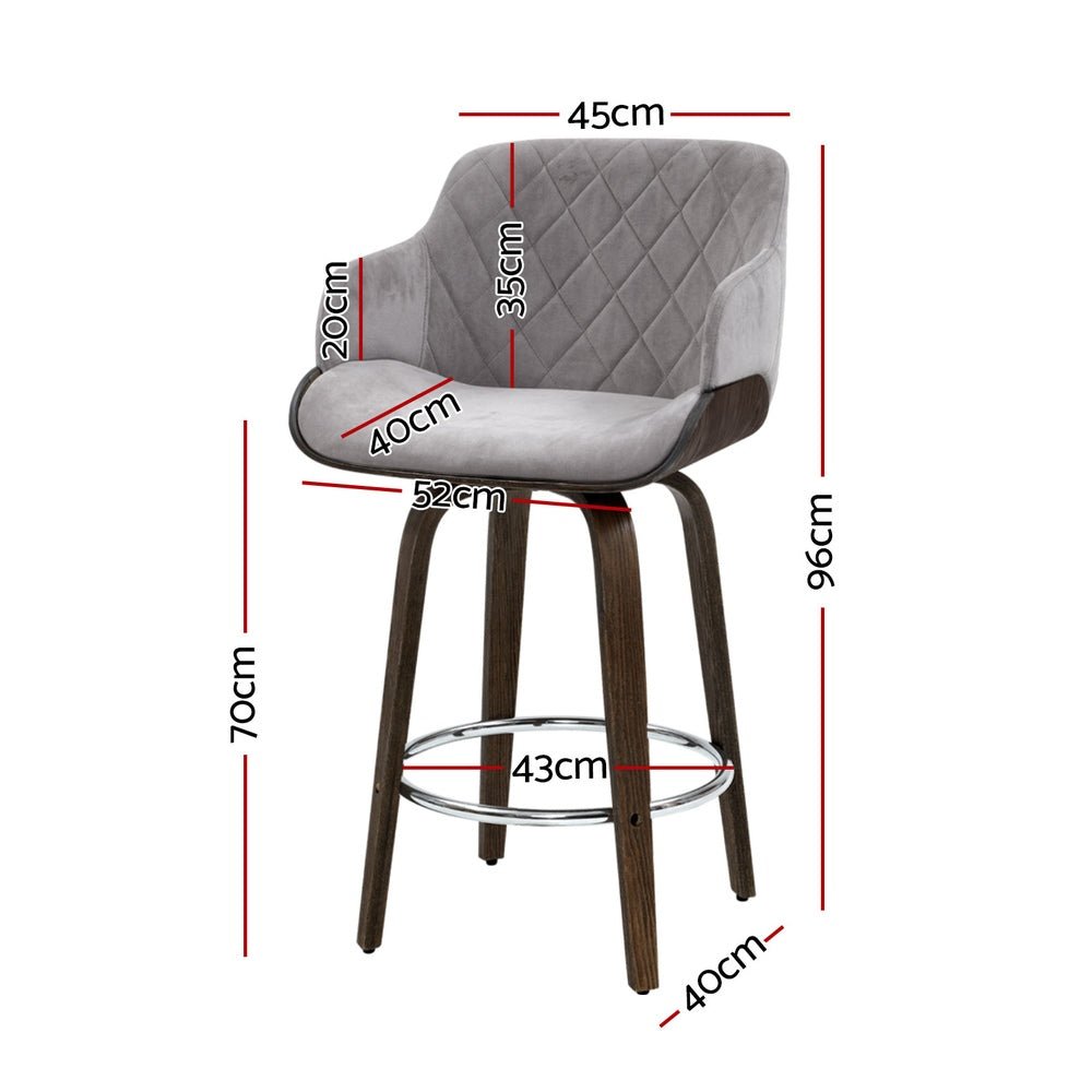 Remi Timber Frame Velvet Padded Swivel Bar Stools 70cm Grey (Set of 4) - Barstool Express