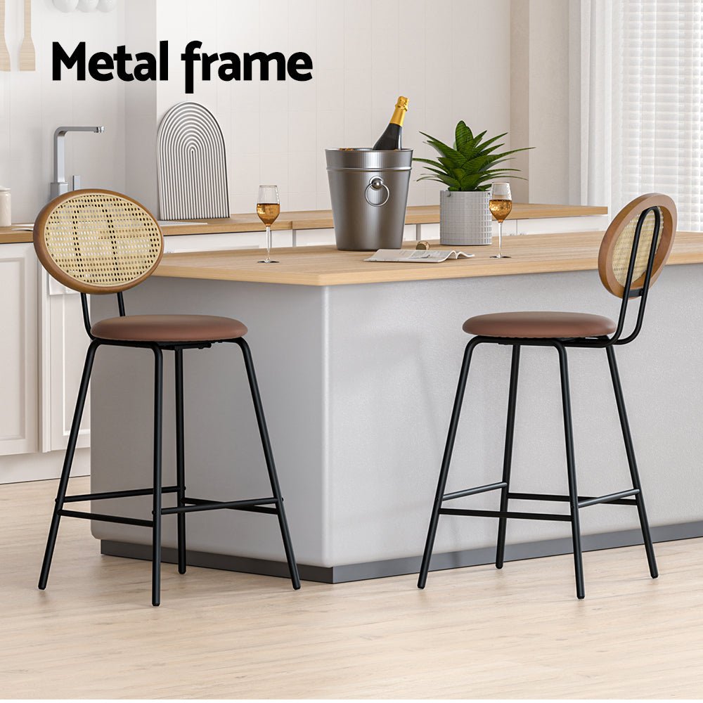 Rune Rattan Leather Bar Stools 65cm Brown (Set of 2) - Barstool Express