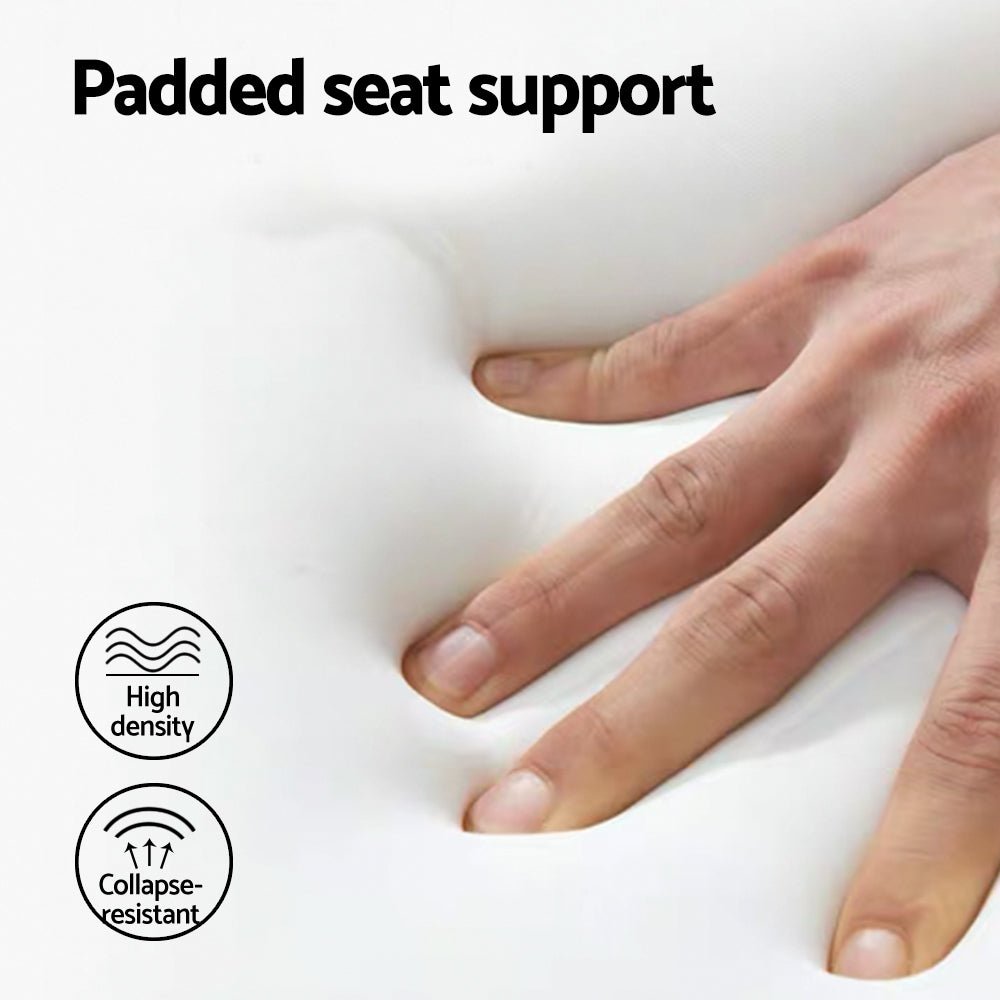 Hand pressing into a padded seat support with high density and collapse-resistant icons displayed.
