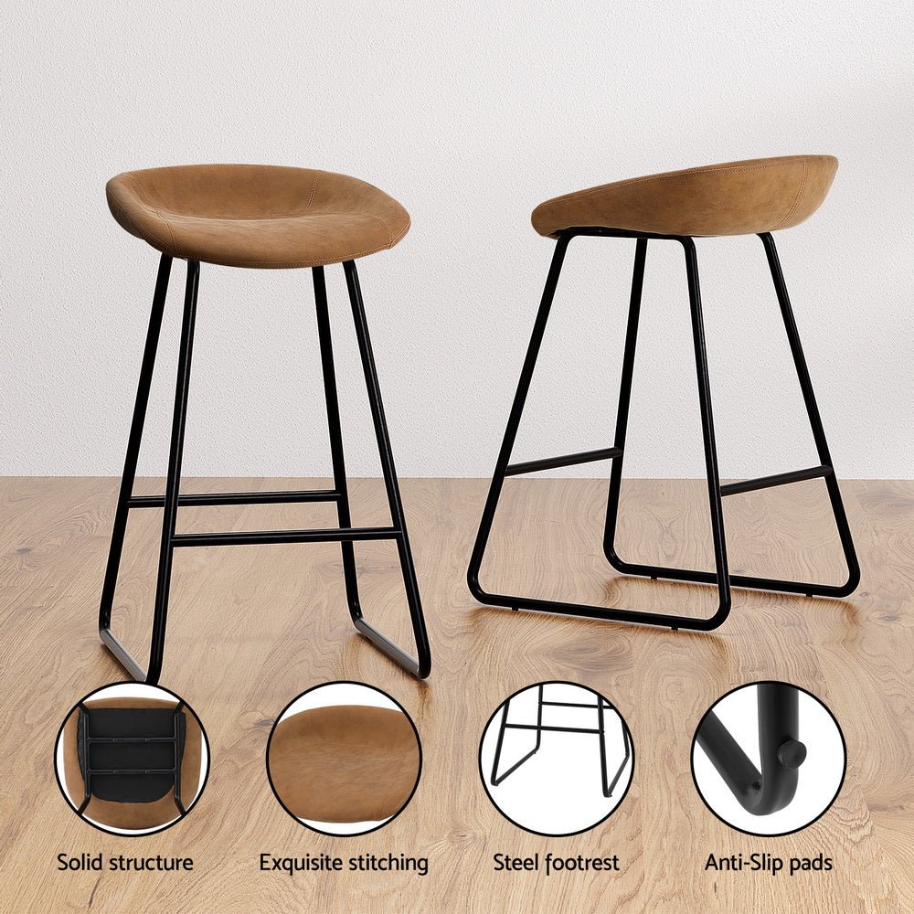 Sadie Leather Padded Bar Stools 65cm Brown (Set of 2) - Barstool Express