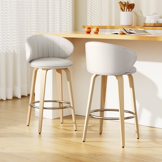 Sara Leather Timber Bar Stools 65cm Beige (Set of 2) - Barstool Express