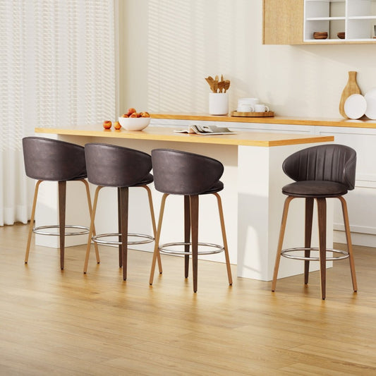 Four dark brown bar stools in a modern kitchen setting with a wooden table and decor.
