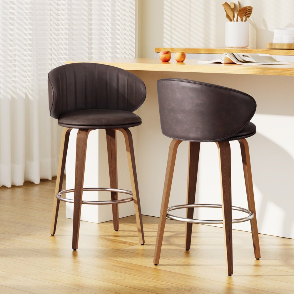 Sara Leather Timber Bar Stools 65cm Brown (Set of 2) - Barstool Express