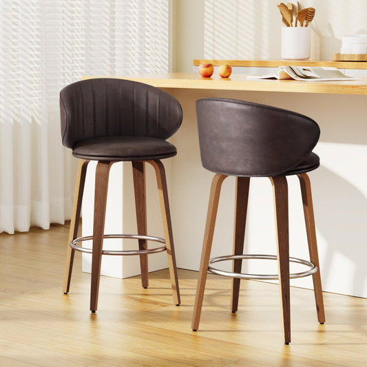 Sara Leather Timber Bar Stools 65cm Brown (Set of 2) - Barstool Express