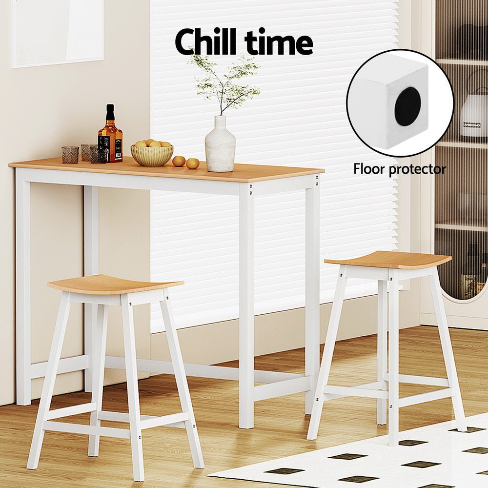 Skye Bar Table and Saddle Stools Set White & Pine (3 Piece) - Barstool Express