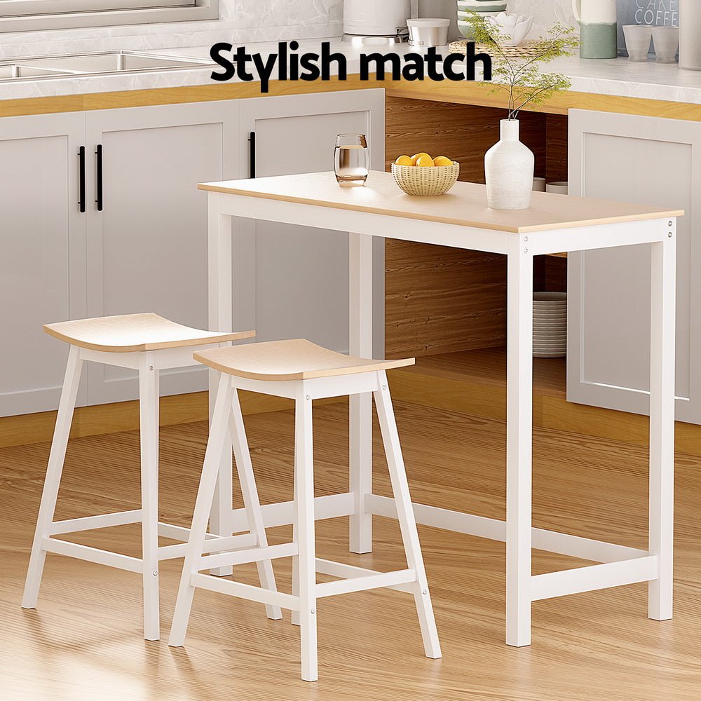Skye Bar Table and Saddle Stools Set White & Pine (3 Piece) - Barstool Express