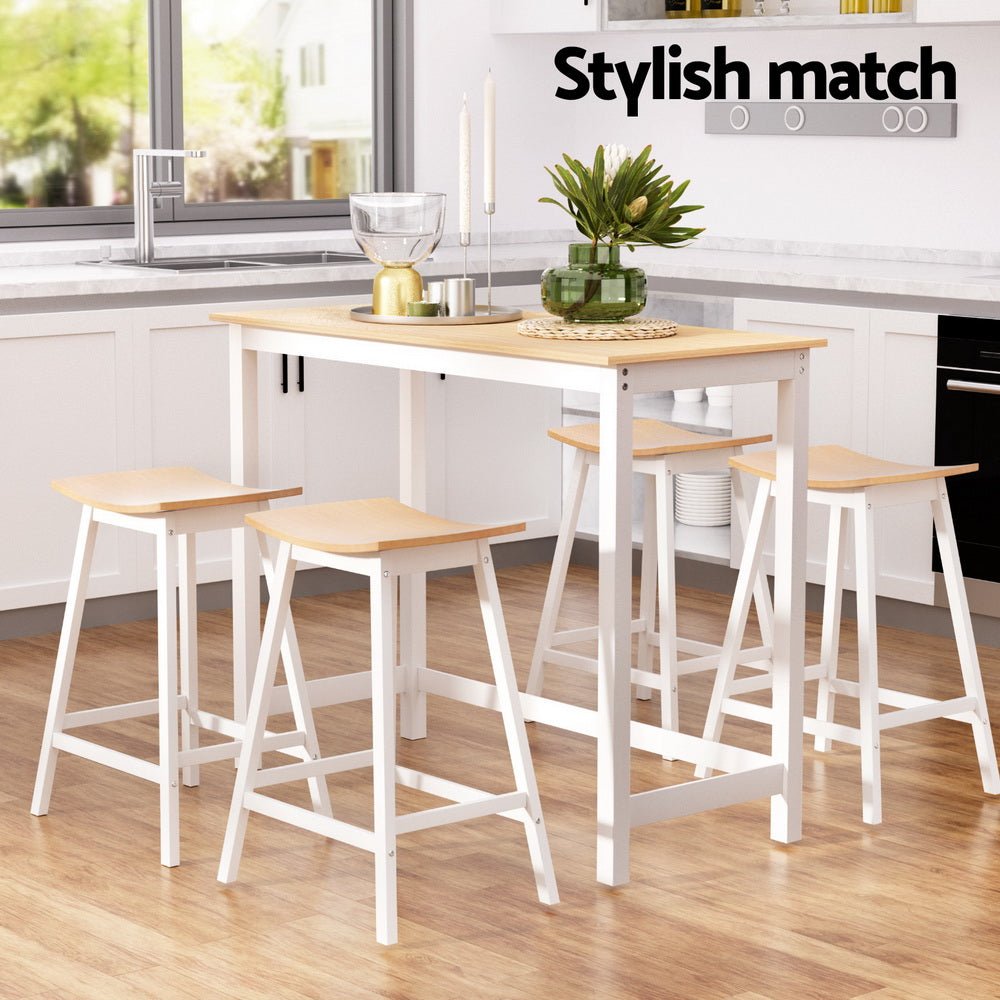 Skye Bar Table and Saddle Stools Set White & Pine (5 Piece) - Barstool Express