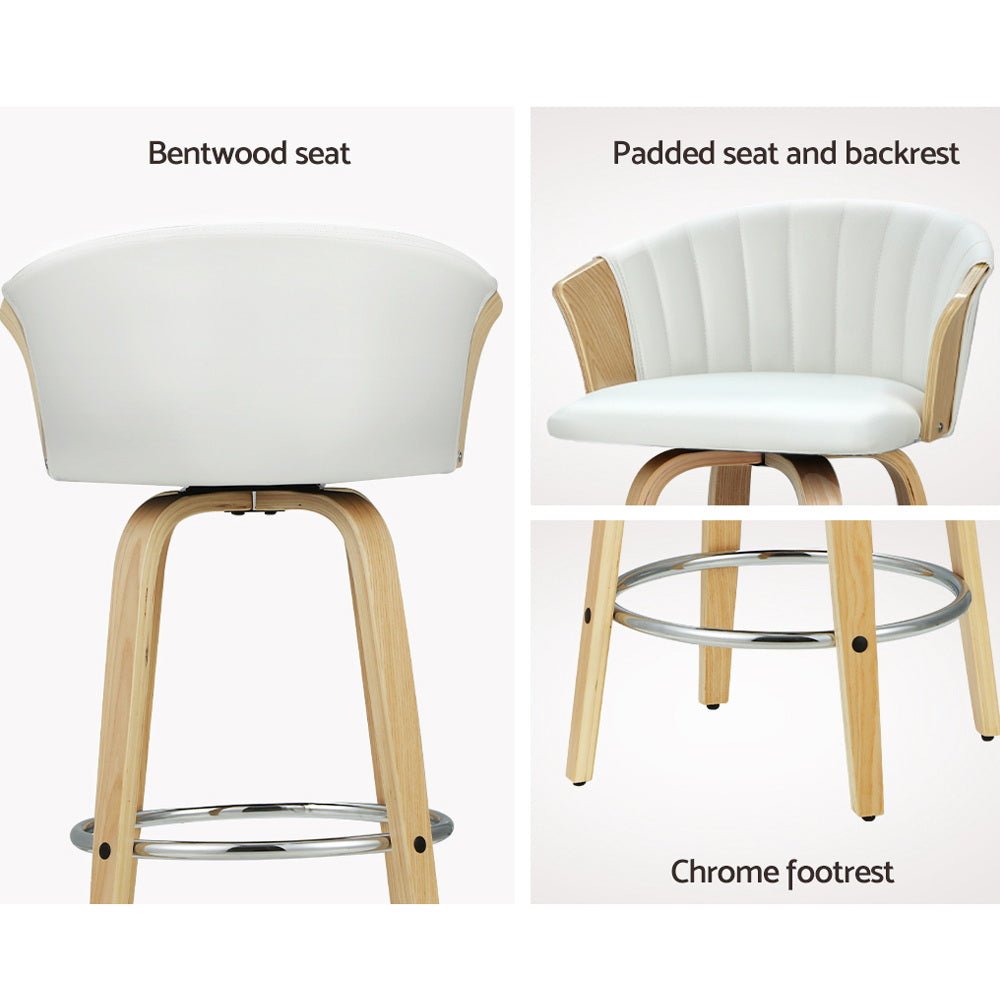 Sophia Leather Timber Swivel Bar Stool Chairs 66cm White (Set of 2) - Barstool Express
