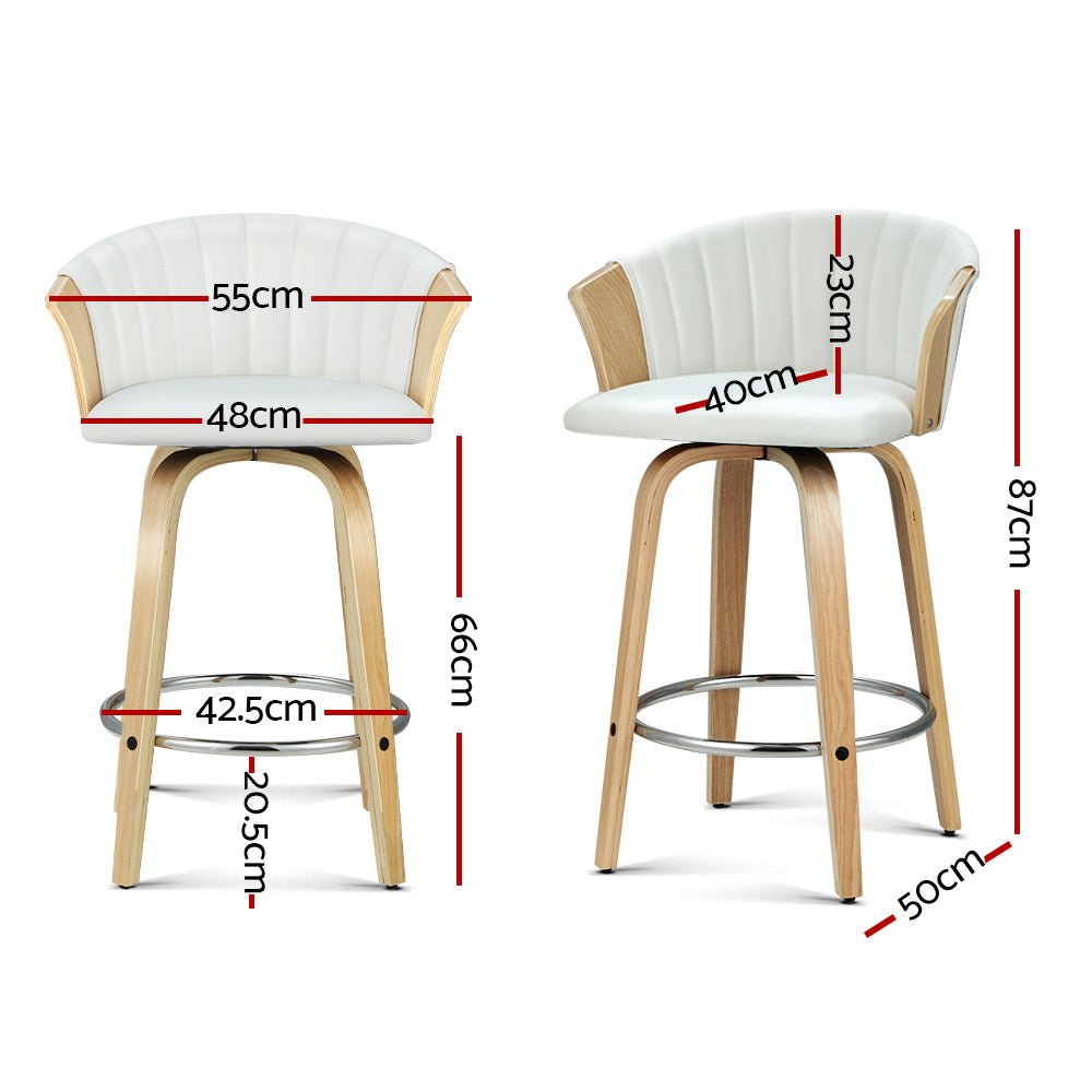 Sophia Leather Timber Swivel Bar Stool Chairs 66cm White (Set of 2) - Barstool Express