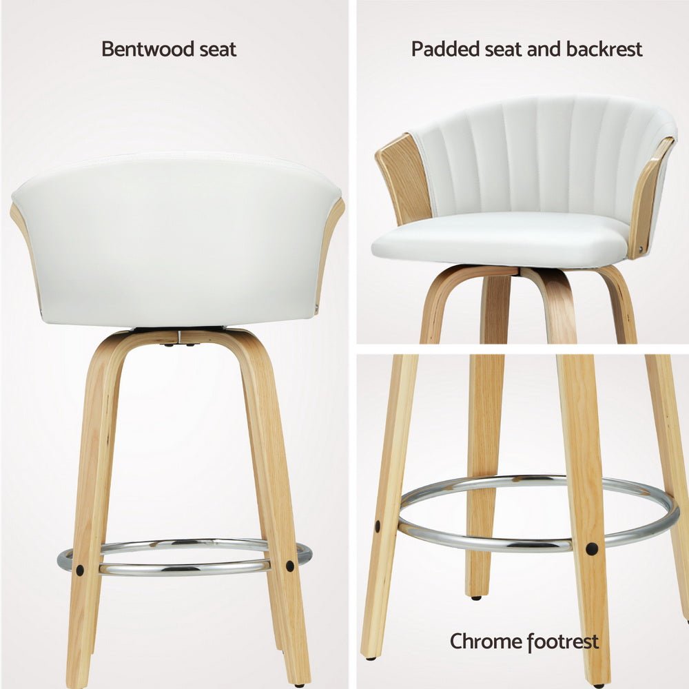 Sophia Leather Timber Swivel Bar Stool Chairs 66cm White (Set of 4) - Barstool Express