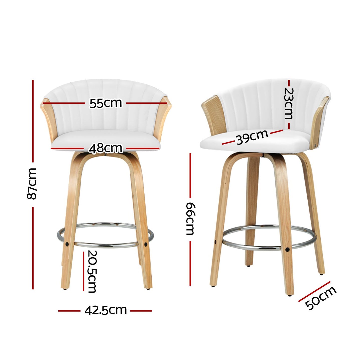 Two bar stools with dimensions marked on a white background