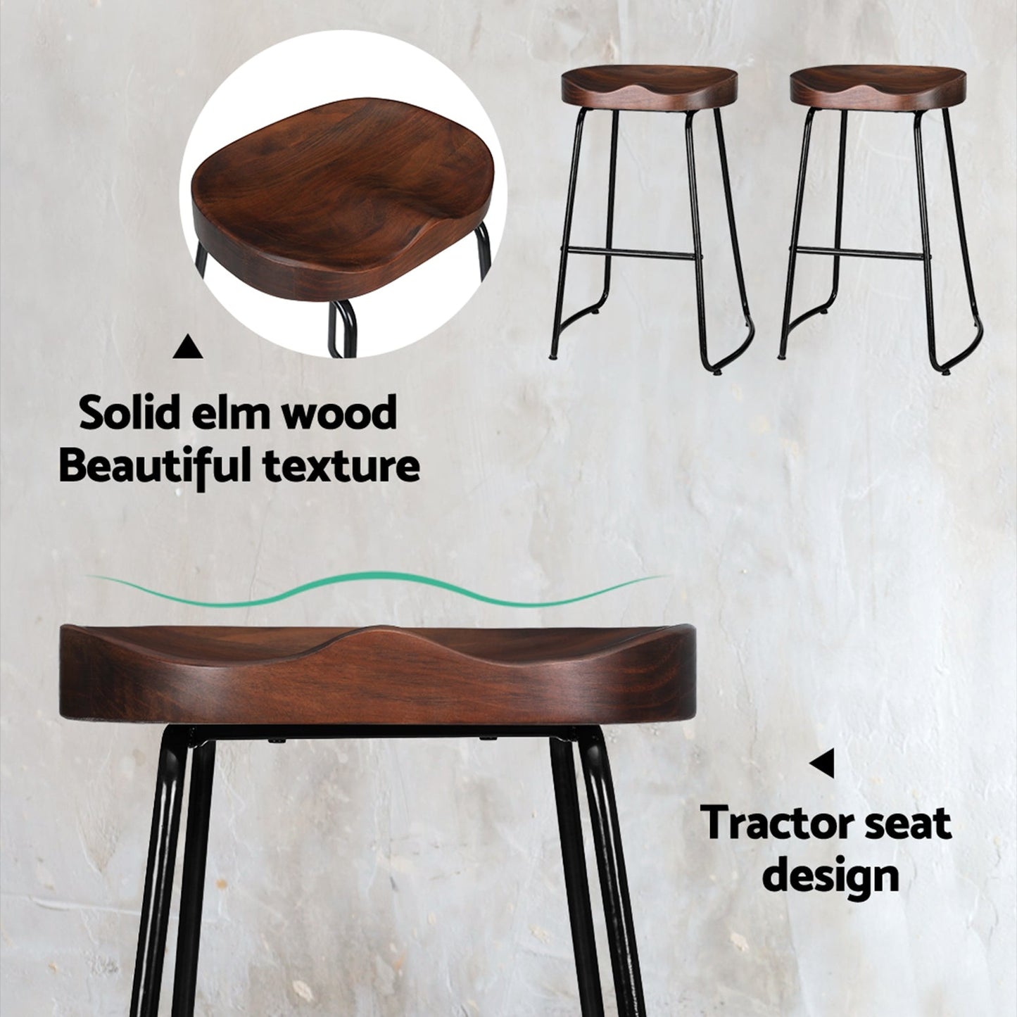 Thor Timber Tractor Seat Bar Stools 65cm Dark Wood (Set of 2) - Barstool Express