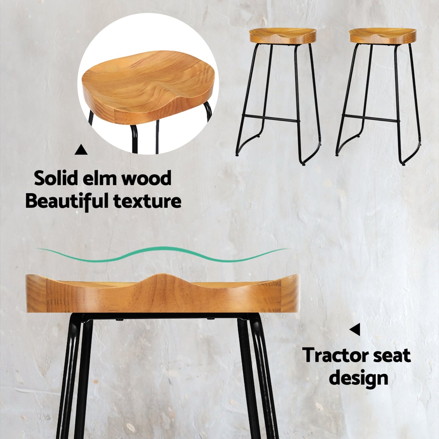 Thor Timber Tractor Seat Bar Stools 75cm Natural (Set of 2) - Barstool Express