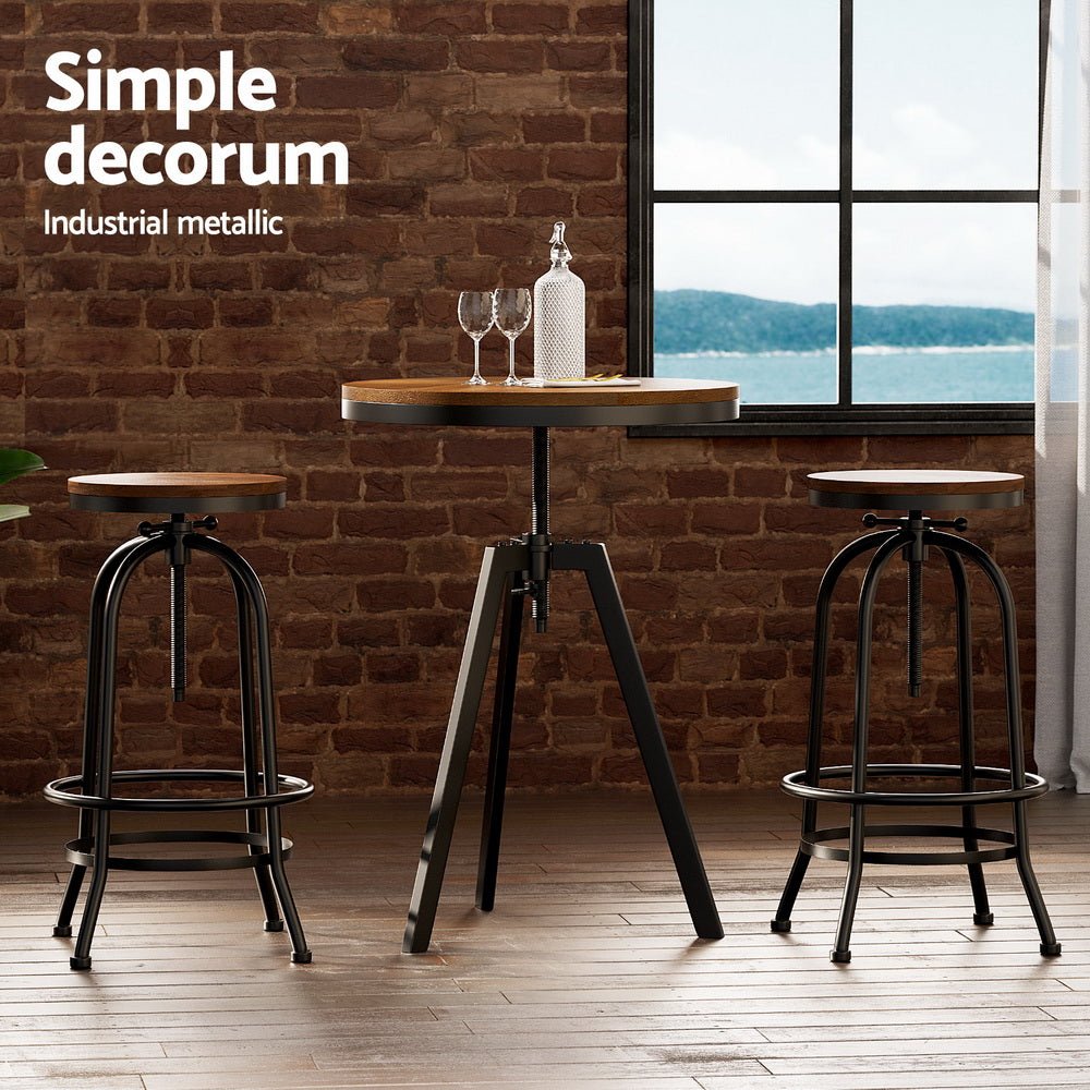 Zane Industrial Adjustable Bar Table and Stools Set Elm Wood (3 Piece) - Barstool Express