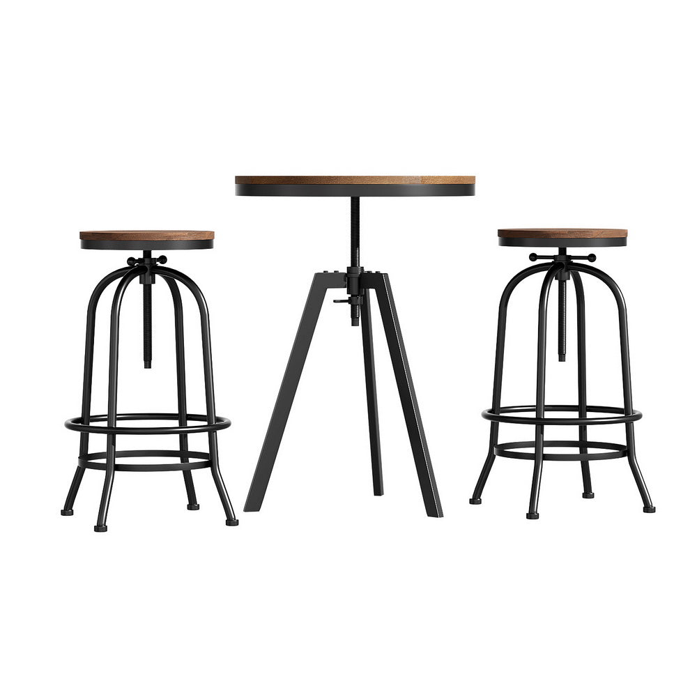 Zane Industrial Adjustable Bar Table and Stools Set Elm Wood (3 Piece) - Barstool Express