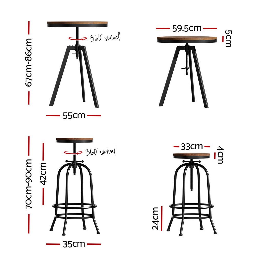 Zane Industrial Adjustable Bar Table and Stools Set Elm Wood (3 Piece) - Barstool Express
