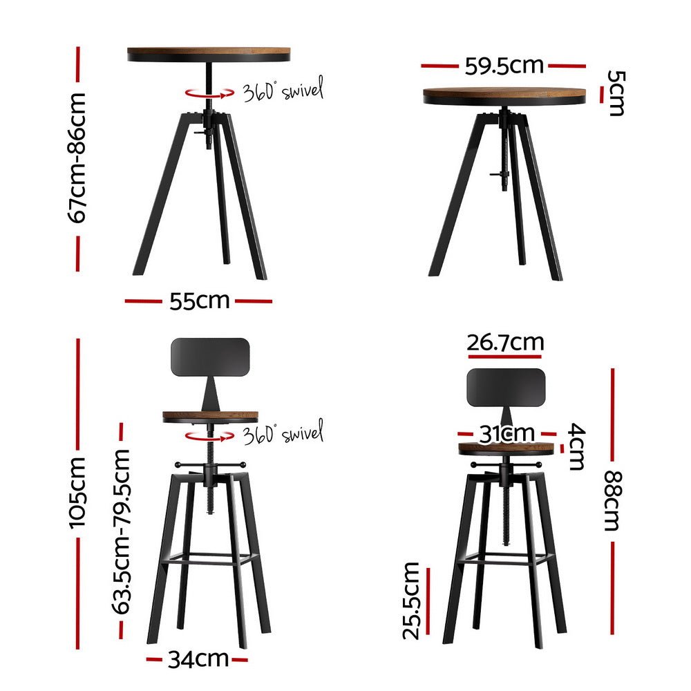 Zane Industrial Adjustable Bar Table and Stools Set w/Backrest Elm Wood (3 Piece) - Barstool Express